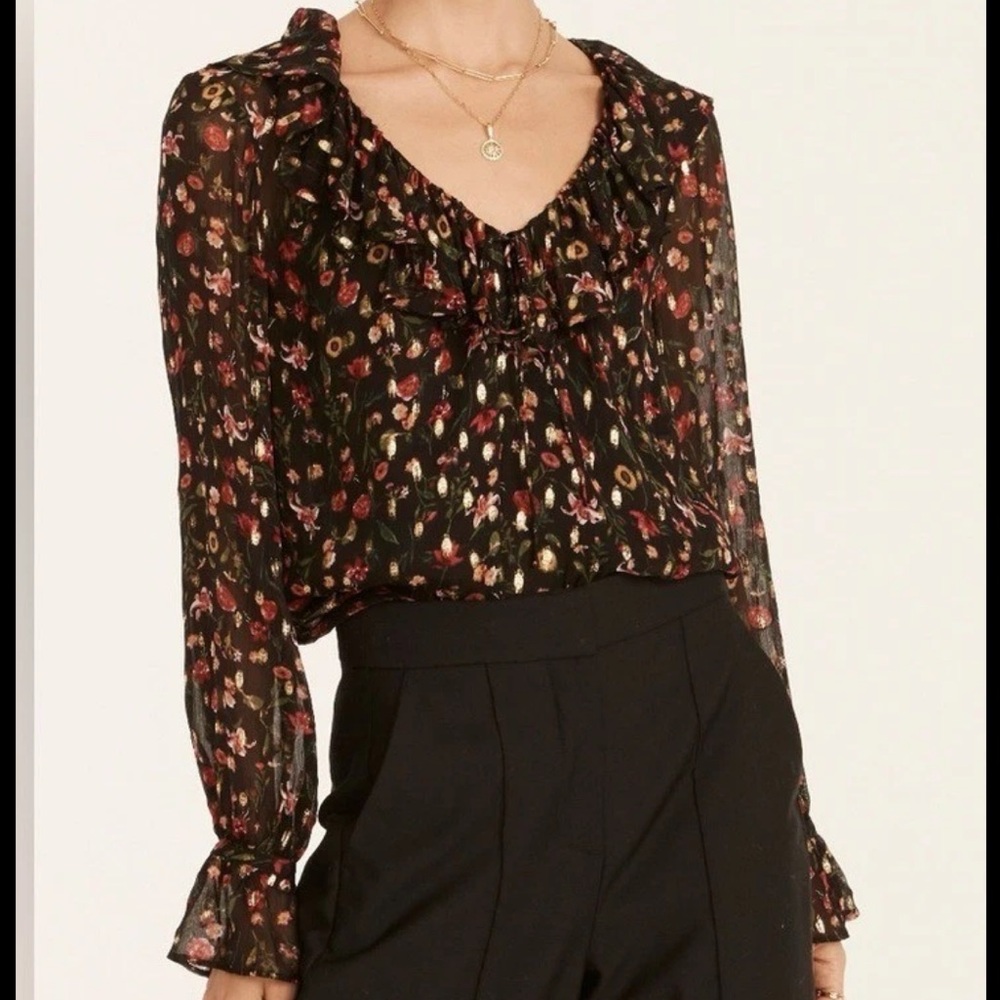 J Crew Ruffleneck‎ Top Floral Blouse womens S Black Gold Metallic Whimsigoth